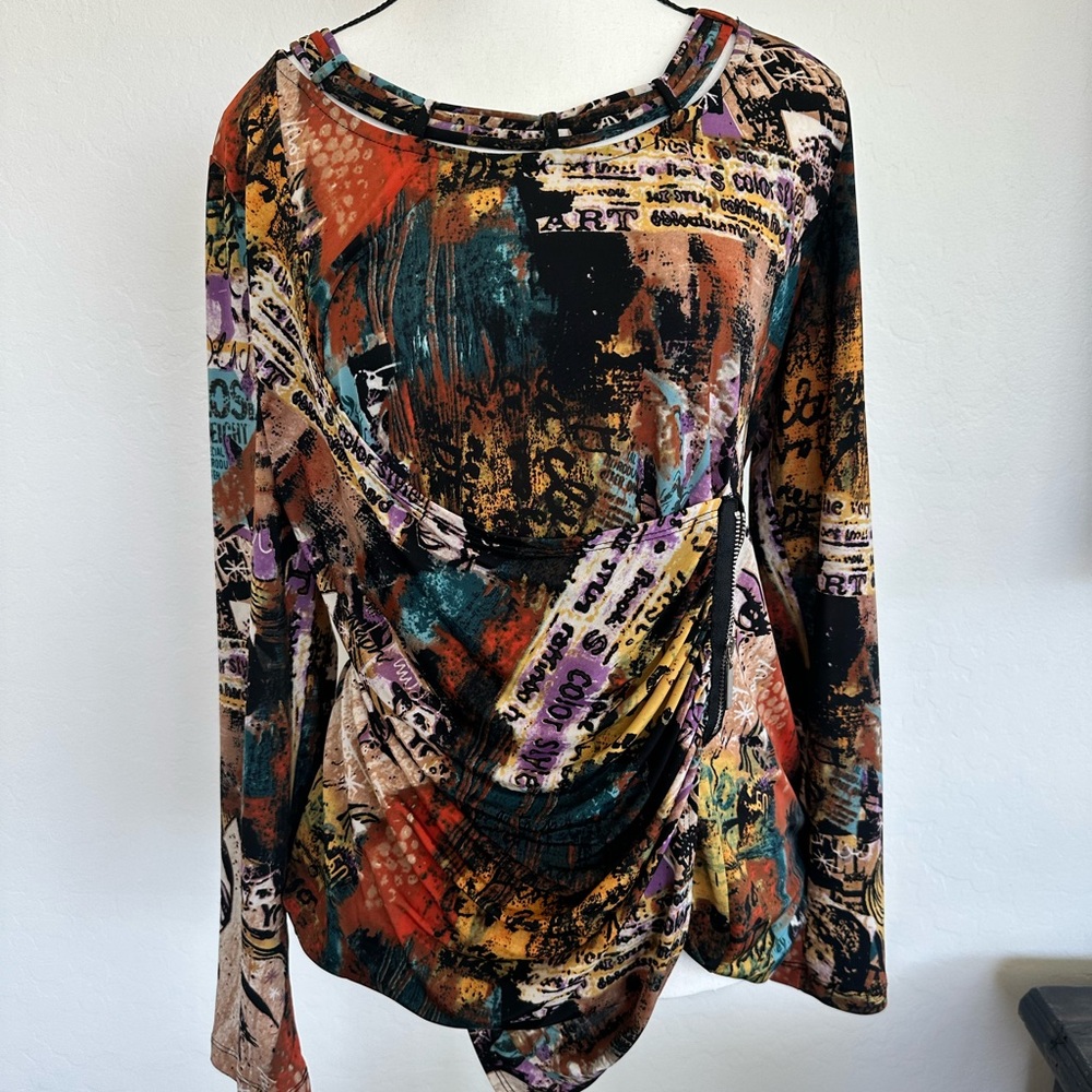 The Sak Orange and Blue Asymmetrical Graphic Blouse